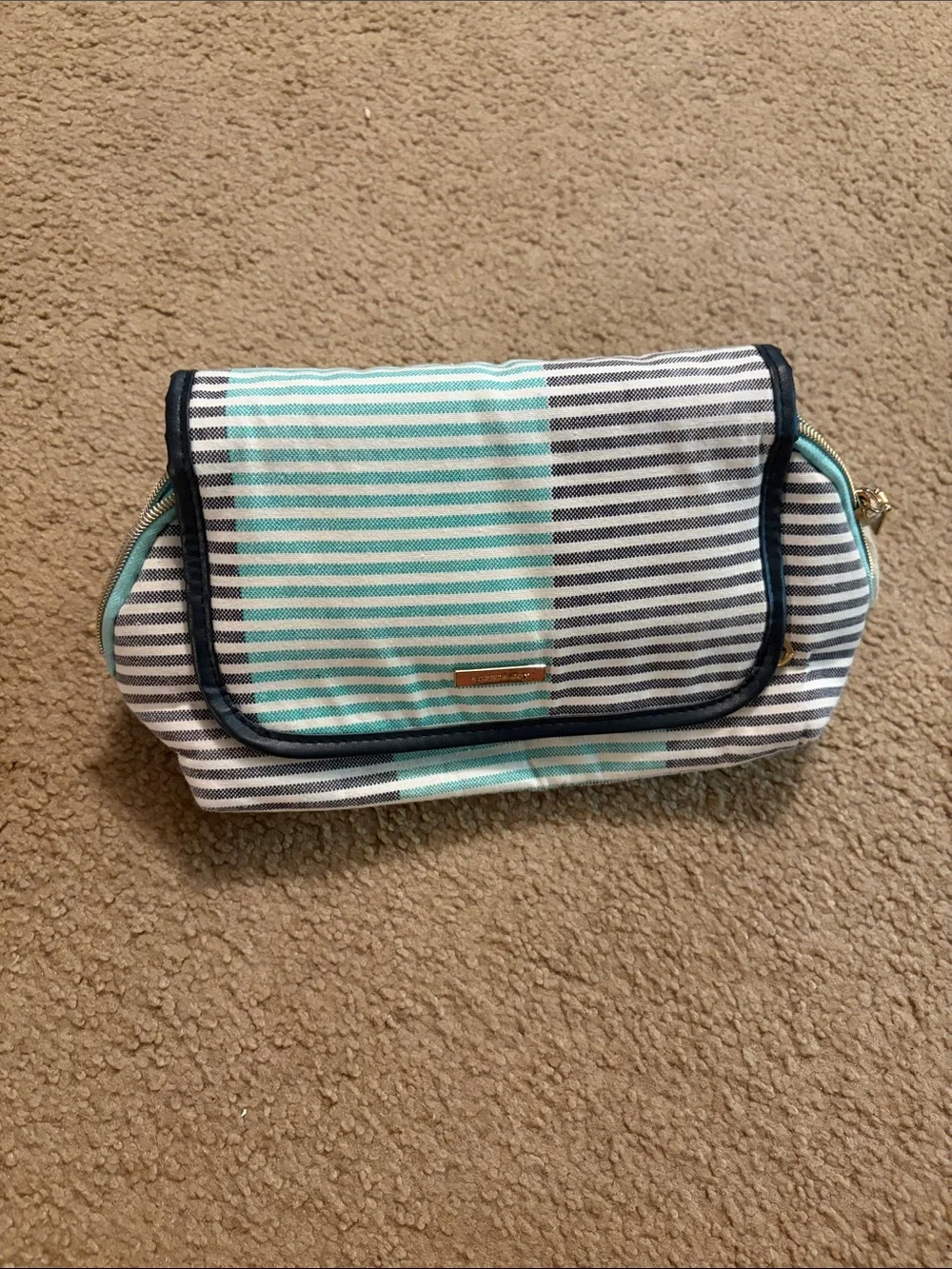 Striped Mint and Navy Fold-Over Women’s Cosmetic Clutch